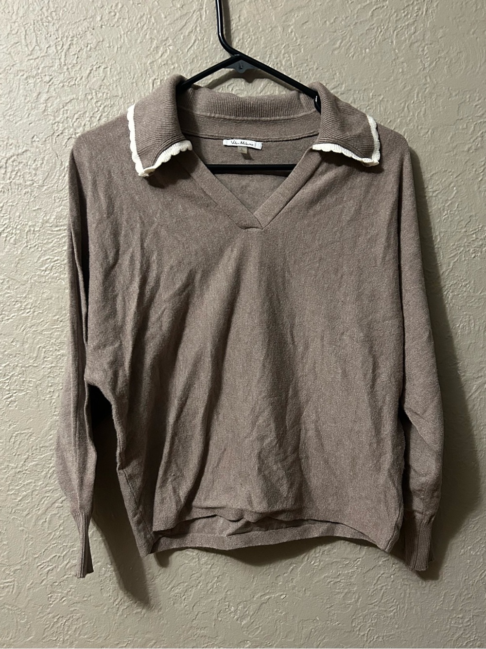 Milano Taupe V-Neck Sweater with White-Trim Collar